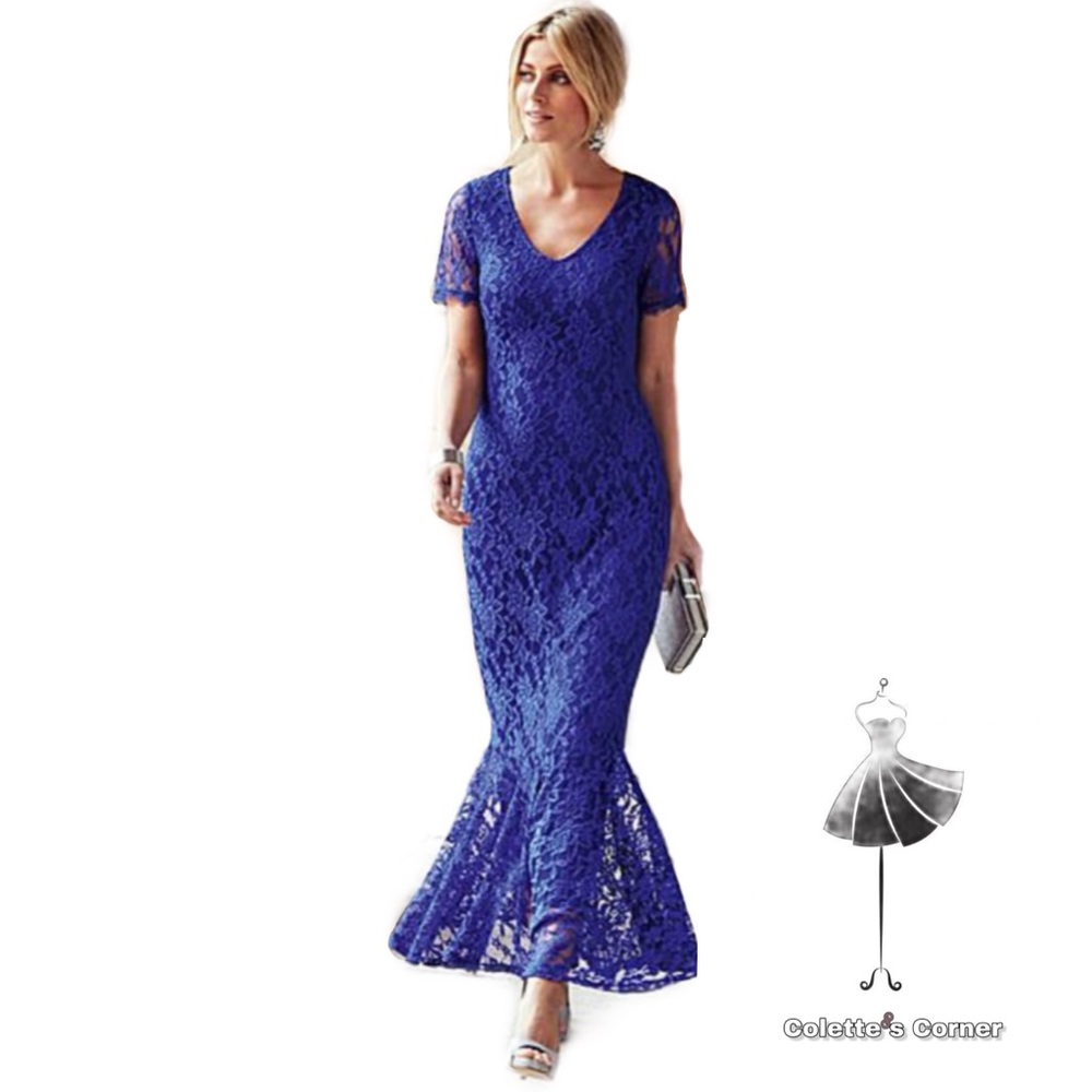 Joanna Hope Navy Blue Sheer Short Sleeve Lace Sweetheart Mermaid Maxi Dress